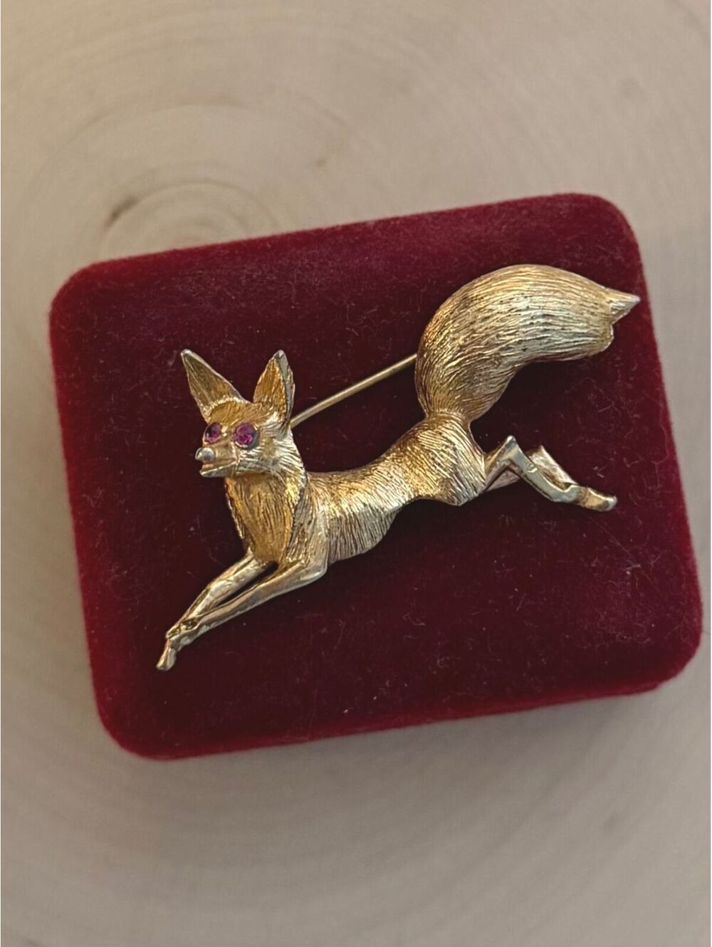 Vintage 1960s Signed Napier Gold Tone & Ruby Rhinestone Leaping Fox Brooch Pin